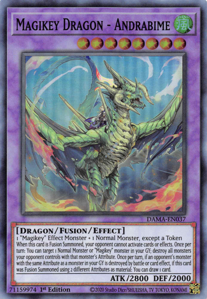 A Super Rare "Magikey Dragon - Andrabime" card from the Yugioh Set: Dawn of Majesty (DAMA).