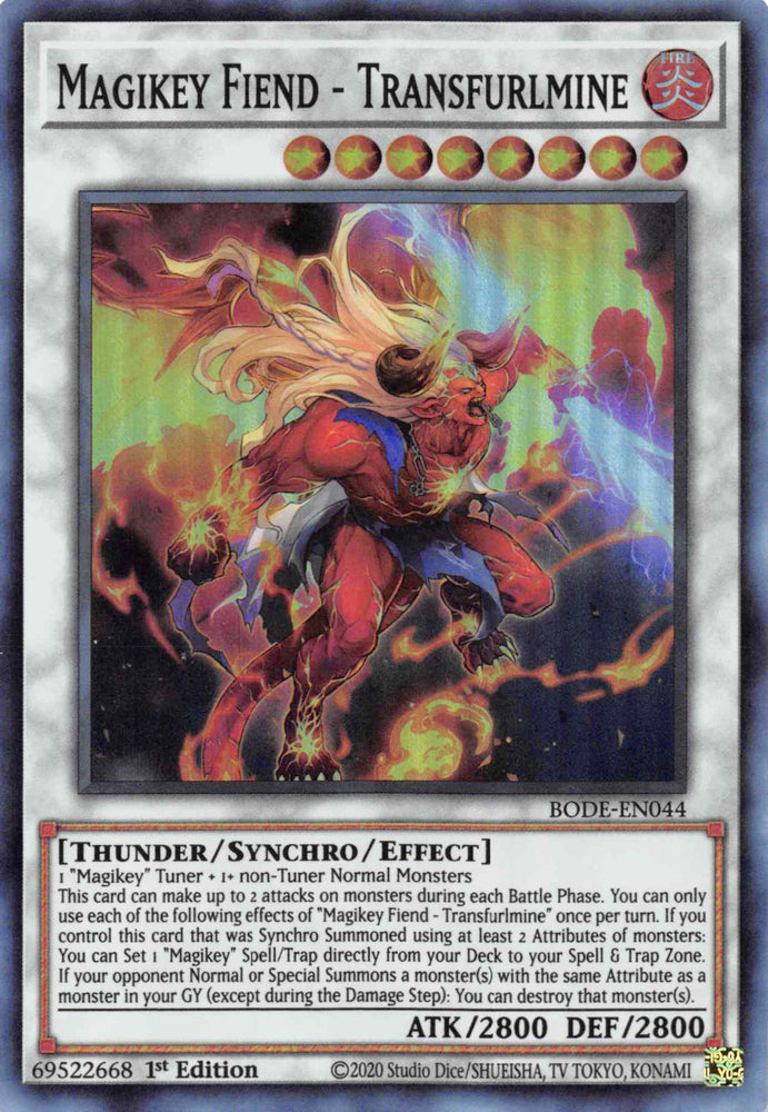  A Super Rare "Magikey Fiend - Transfurlmine" card from the Yugioh Set: Burst of Destiny (BODE).