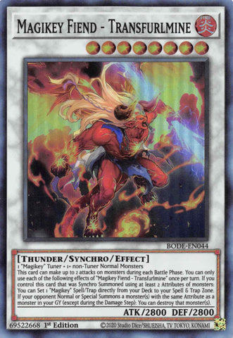  A Super Rare "Magikey Fiend - Transfurlmine" card from the Yugioh Set: Burst of Destiny (BODE).