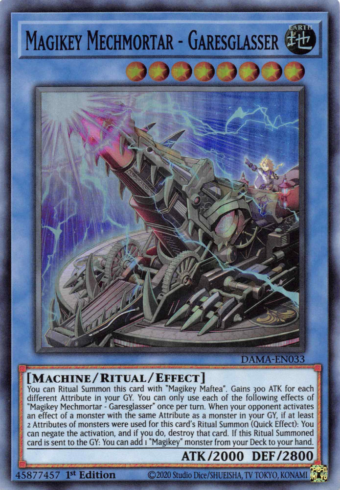 A Super Rare "Magikey Mechmortar - Garesglasser" card from the Yugioh Set: Dawn of Majesty (DAMA).