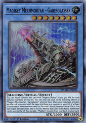 A Super Rare "Magikey Mechmortar - Garesglasser" card from the Yugioh Set: Dawn of Majesty (DAMA).