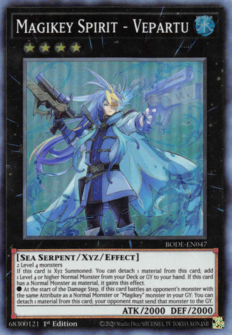  A Super Rare "Magikey Spirit - Vepartu" card from the Yugioh Set: Burst of Destiny (BODE).