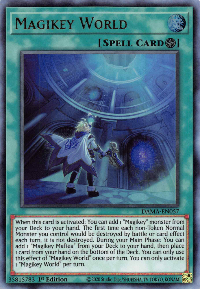  An Ultra Rare "Magikey World" card from the Yugioh Set: Dawn of Majesty.