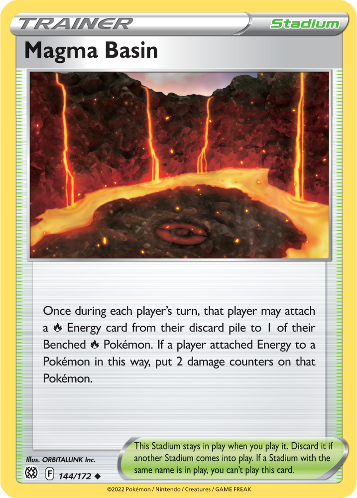 An Uncommon "Magma Basin" (144/172) card from the Pokemon Set: Brilliant Stars.