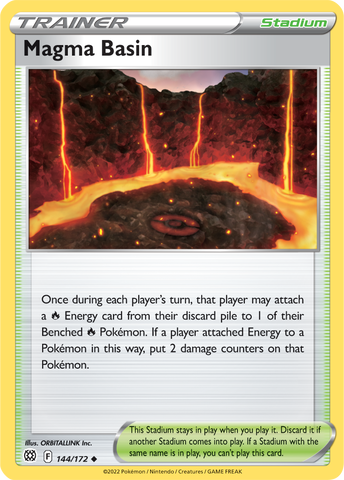 An Uncommon "Magma Basin" (144/172) card from the Pokemon Set: Brilliant Stars.