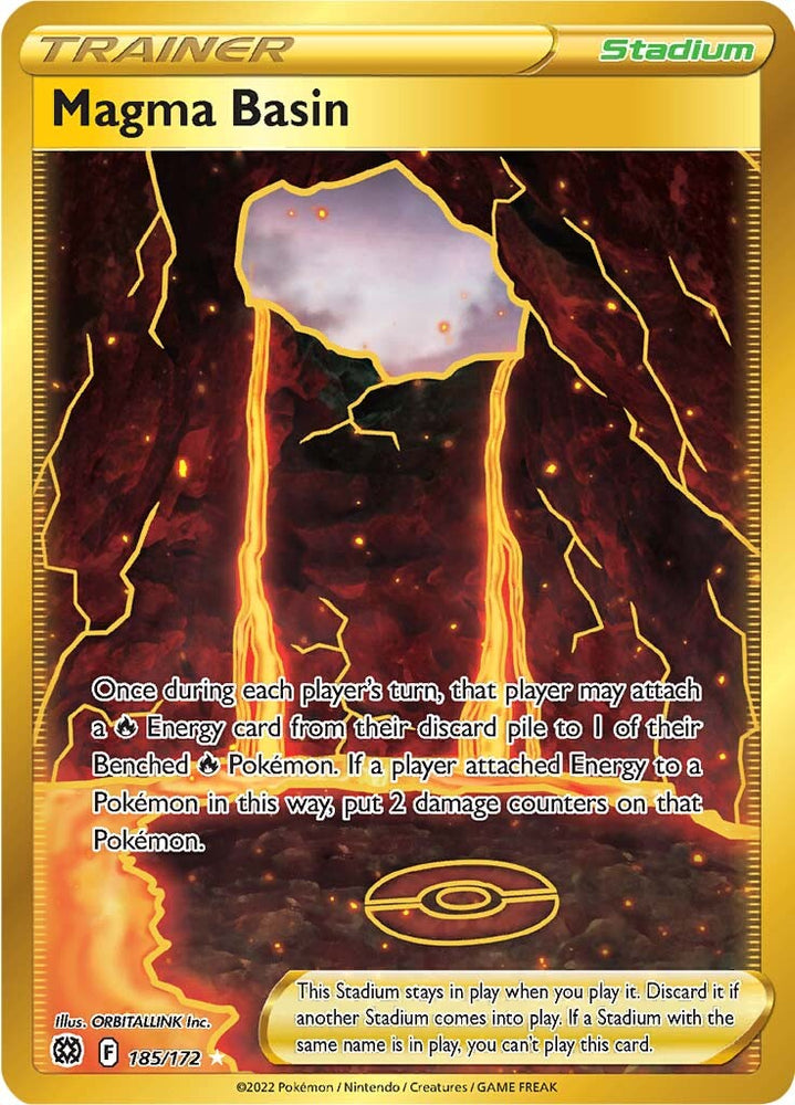 A Secret Rare "Magma Basin" (185/172) card from the Pokemon Set: Sword & Shield: Brilliant Stars.