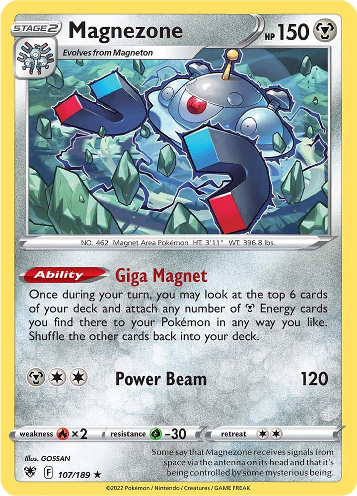 A Holo Rare "Magnezone" (107/189) card from the Pokemon Set: Astral Radiance.