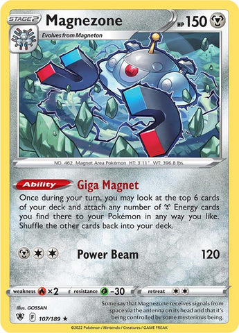 A Holo Rare "Magnezone" (107/189) card from the Pokemon Set: Astral Radiance.