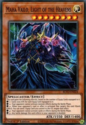 A Super Rare "Maha Vailo, Light of the Heavens" card from the Yugioh Set: Blazing Vortex.