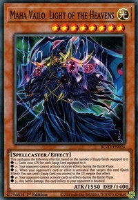 A Super Rare "Maha Vailo, Light of the Heavens" card from the Yugioh Set: Blazing Vortex.