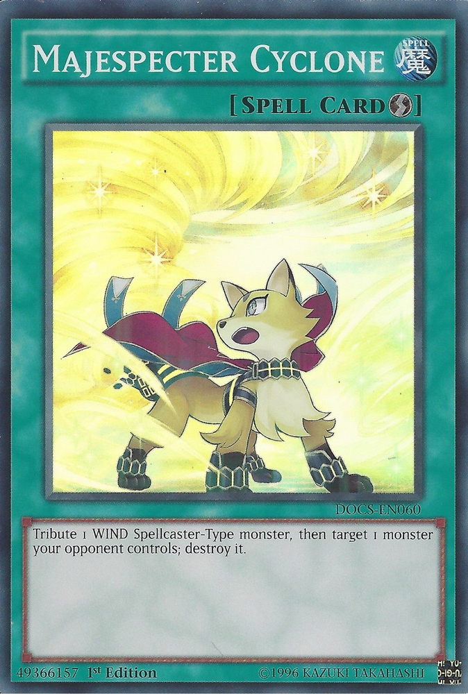 A Super Rare "Majespecter Cyclone" card from the Yugioh Set: Dimension of Chaos (DOCS).