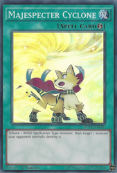 A Super Rare "Majespecter Cyclone" card from the Yugioh Set: Dimension of Chaos (DOCS).