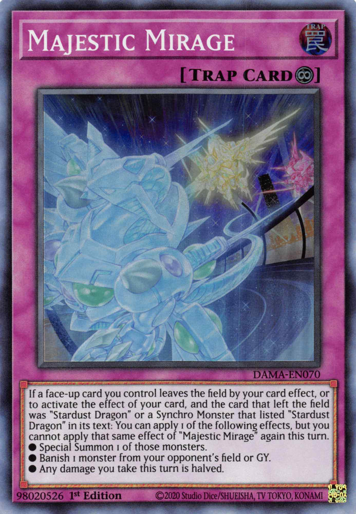 A Super Rare "Majestic Mirage" card from the Yugioh Set: Dawn of Majesty (DAMA).