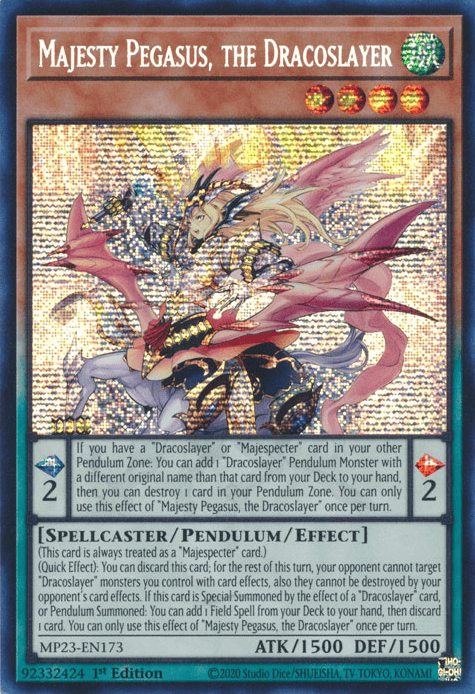 A Prismatic Secret Rare "Majesty Pegasus, the Dracoslayer" card from the Yugioh Set: 25th Anniversary Tin: Dueling Heroes (MP23).