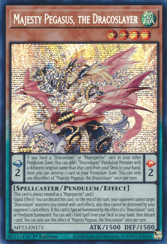 A Prismatic Secret Rare "Majesty Pegasus, the Dracoslayer" card from the Yugioh Set: 25th Anniversary Tin: Dueling Heroes (MP23).