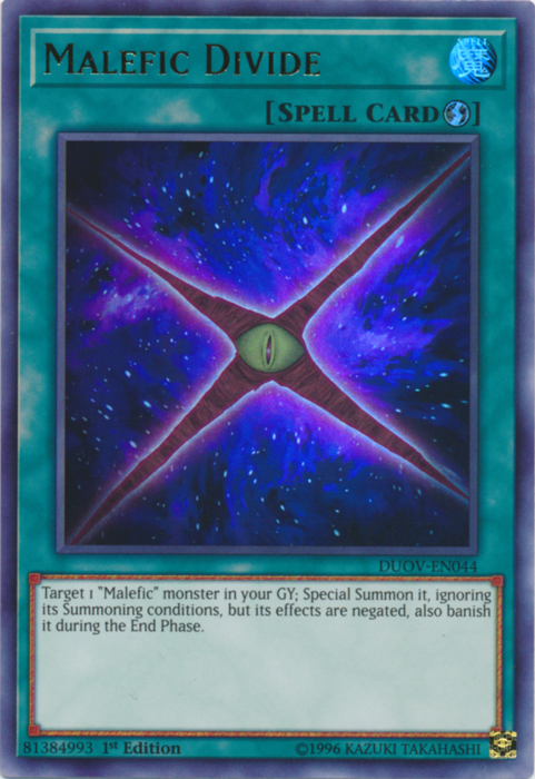 An Ultra Rare "Malefic Divide" card from the Yugioh Set: Duel Overload (DUOV).