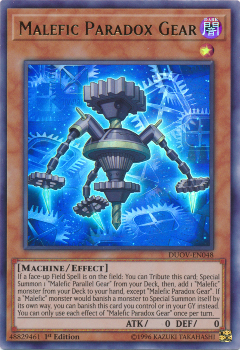 An Ultra Rare "Malefic Paradox Gear" card from the Yugioh Set: Duel Overload (DUOV).