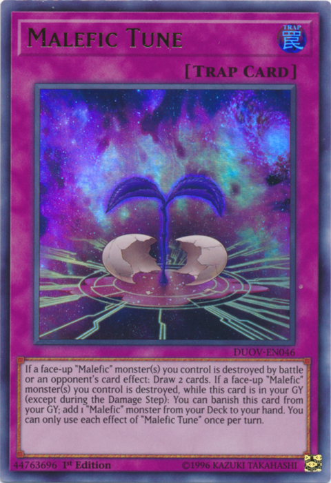 An Ultra Rare "Malefic Tune" card from the Yugioh Set: Duel Overload (DUOV).