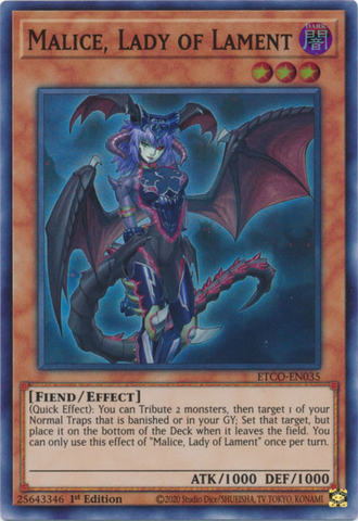 A Super Rare "Malice, Lady of Lament" card from the Yugioh Set: Eternity Code (ETCO).