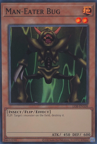 A Super Rare "Man Eater Bug" card from the Yugioh Set: Legend of the Blue-Eyes White Dragon 25th Anniversary Edition (LOB).