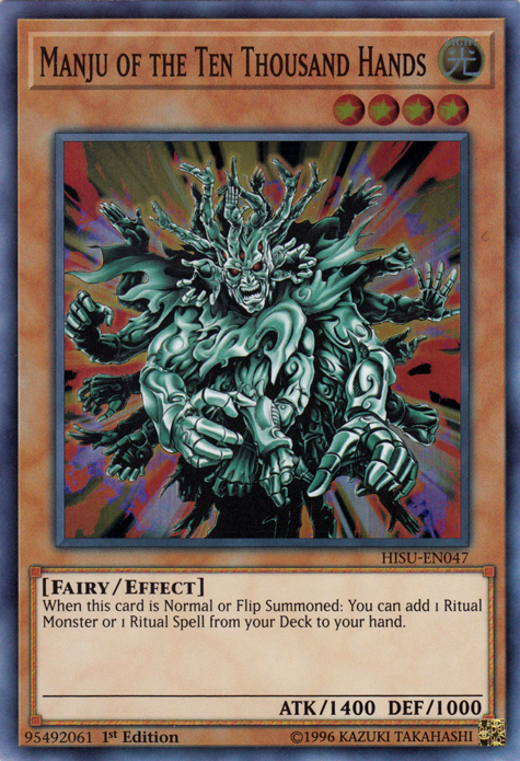 A Super Rare "Manju of the Ten Thousand Hands" card from the Yugioh Set: Hidden Summoners (HISU).