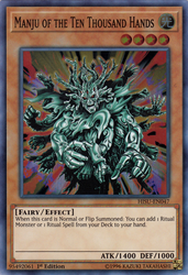 A Super Rare "Manju of the Ten Thousand Hands" card from the Yugioh Set: Hidden Summoners (HISU).