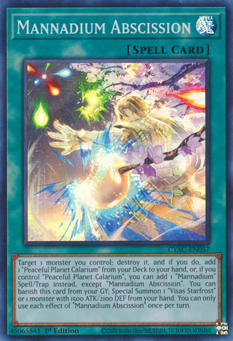 A Super Rare "Mannadium Abscission" card from the Yugioh Set: Cyberstorm Access.