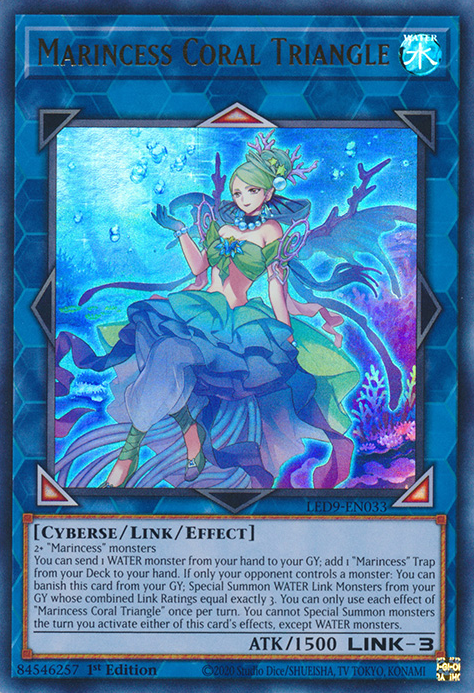 An Ultra Rare "Marincess Coral Triangle" card from the Yugioh Set: Legendary Duelist: Duels From the Deep.