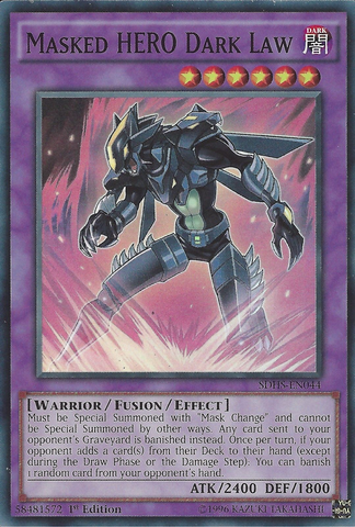 A Super Rare "Masked Hero Dark Law" card from the Yugioh Structure Deck: Hero Strike.