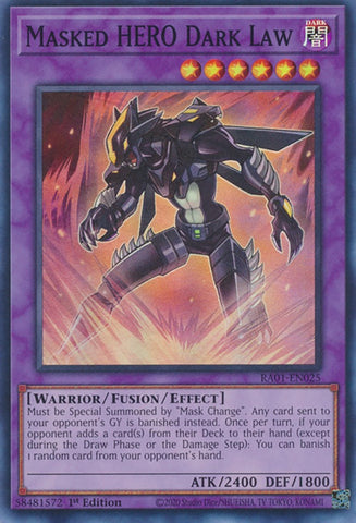 A Super Rare "Masked Hero Dark Law" card from the Yugioh Set: Rarity Collection 1 (RA01).