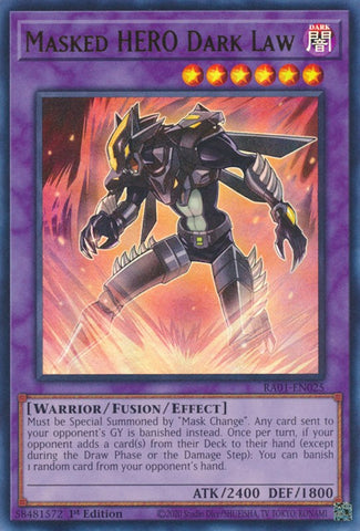 An Ultra Rare "Masked Hero Dark Law" card from the Yugioh Set: Rarity Collection 1 (RA01).