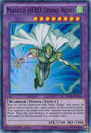 A Super Rare "Masked Hero Divine Wind" card from the Yugioh Structure Deck: Hero Strike.