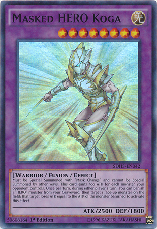 A Super Rare "Masked Hero Koga" card from the Yugioh Structure Deck: Hero Strike.