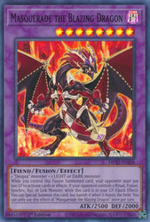 A Super Rare "Masquerade the Blazing Dragon" card from the Yugioh 2022 Tin of the Pharaoh's Gods Set (MP22).