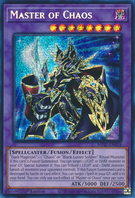 A Prismatic Secret Rare "Master of Chaos" card from the Yugioh Set: 25th Anniversary Tin: Dueling Heroes Mega-Tin Mega Pack.