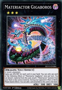 A Super Rare "Materiactor Gigaboros" card from the Yugioh Set: Blazing Vortex (BLVO).