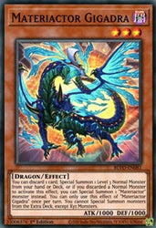 A Super Rare "Materiactor Gigadra" card from the Yugioh Set: Blazing Vortex.