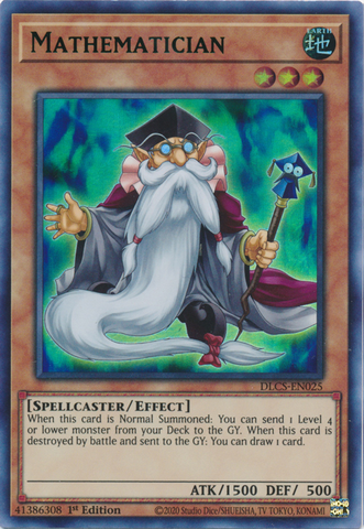 An Ultra Rare Green "Mathematician" card from the Yugioh Set: Dragons of Legend: The Complete Series (DLCS).