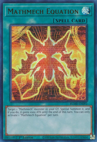 An Ultra Rare "Mathmech Equation" card from the Yugioh Set: Battles of Legend: Monstrous Revenge.