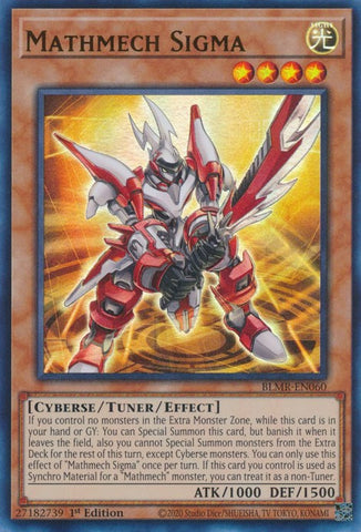 An Ultra Rare "Mathmech Sigma" card from the Yugioh Set: Battles of Legend: Monstrous Revenge (BLMR).