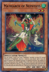 A Super Rare "Matriarch of Nephthys" card from the Yugioh Set: Hidden Summoners (HISU).