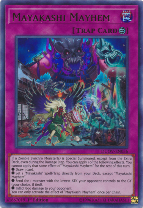 An Ultra Rare "Mayakashi Mayhem" card from the Yugioh Set: Duel Overload (DUOV).