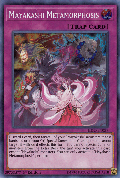 A Super Rare "Mayakashi Metamorphosis" card from the Yugioh Set: Hidden Summoners (HISU).