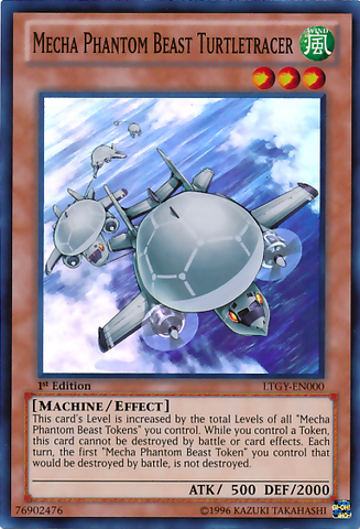A Super Rare "Mecha Phantom Beast Turtletracer" card from the Yugioh Set: Lord of the Tachyon Galaxy (LTGY).