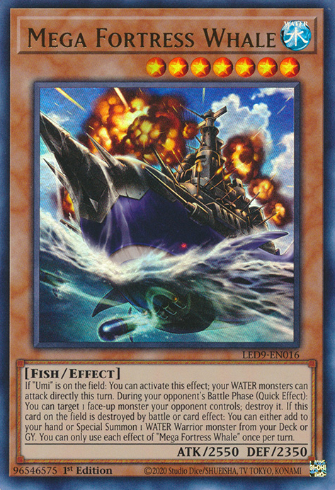 An Ultra Rare "Mega Fortress Whale" card from the Yugioh Set: Legendary Duelists: Duels From the Deep (LED9).