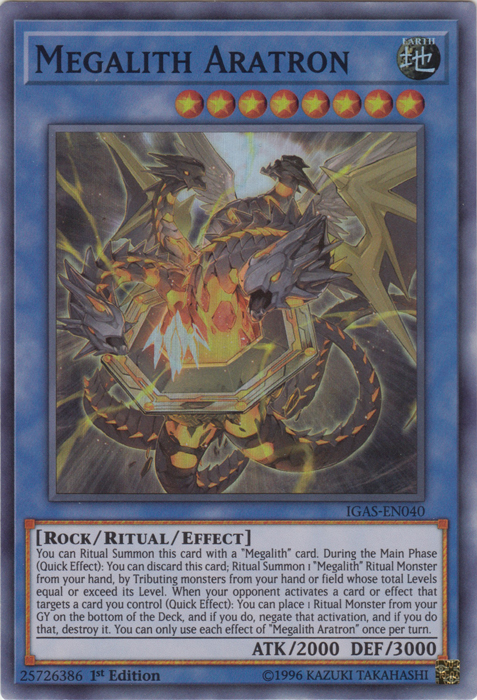 A Super Rare "Megalith Aratron" card from the Yugioh Set: Ignition Assault (IGAS).