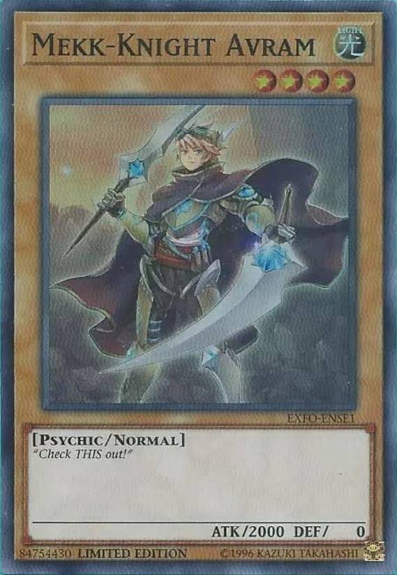 A Super Rare "Mekk-Knight Avram" Promo Card from the Yugioh Set: Extreme Force: Special Edition (EXFO).