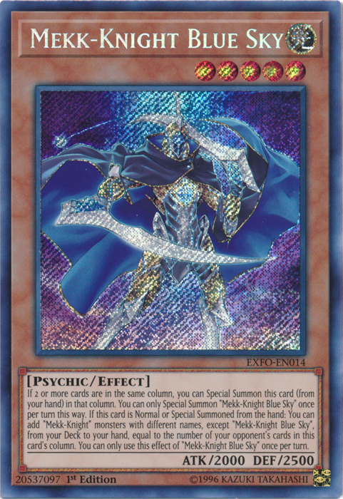 A Secret Rare "Mekk-Knight Blue Sky" card from the Yugioh Set: Extreme Force.