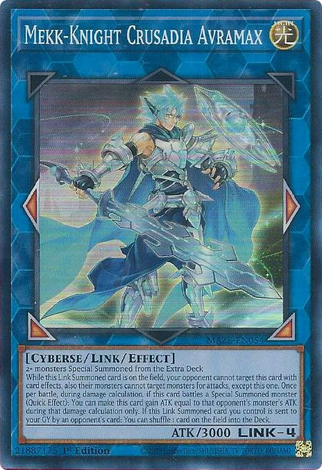 A Super Rare "Mekk-Knight Crusadia Avramax" card from the Yugioh Set: Maze of Memories.