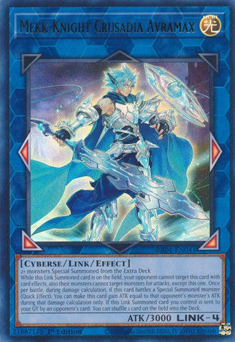 An Ultra Rare "Mekk-Knight Crusadia Avramax" card from the Yugioh Set: Rarity Collection 1 (RA01).